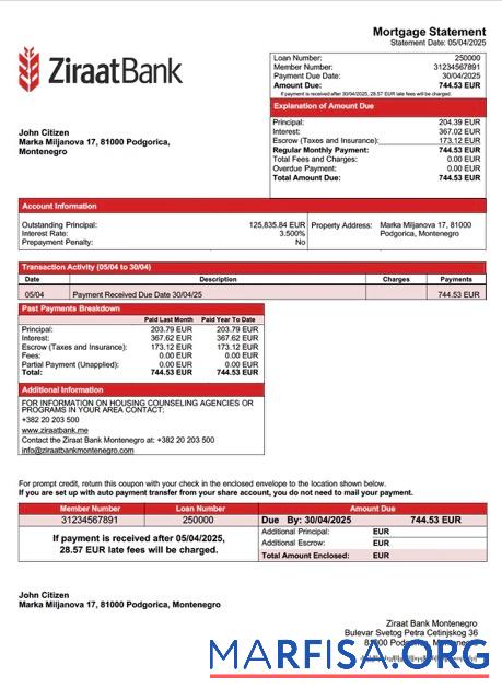 Realistic Montenegro Ziraat Bank Montenegro mortgage statement Word and PDF template